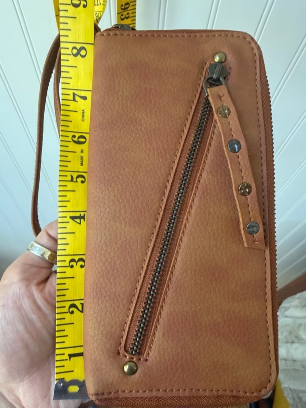 (145)Free People Cognac Tan Wristlet Clutch with Diagonal Zip Detail - Picture 7 of 8